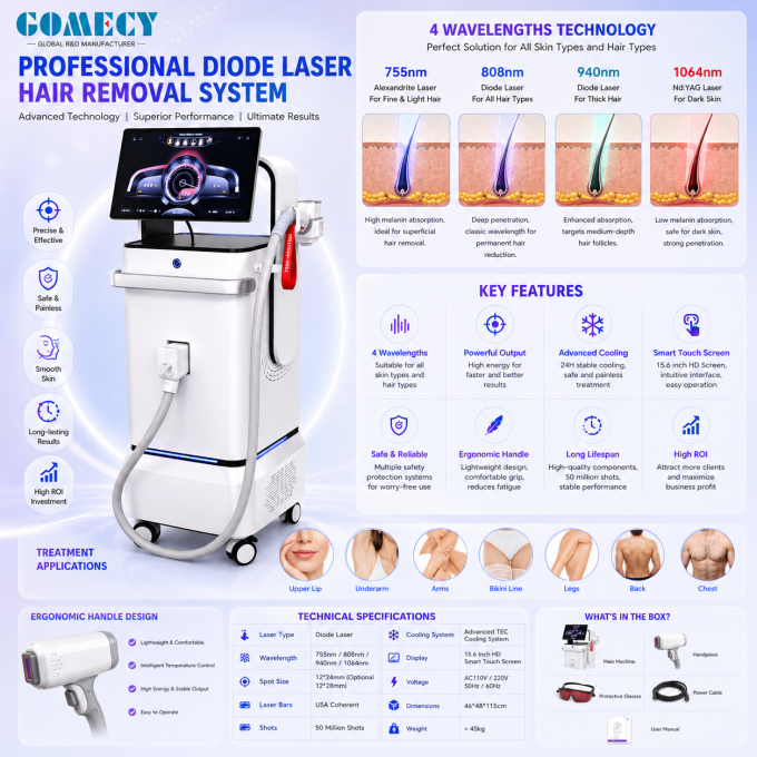 Professional Permanent Hair Removal Laser System for Beauty Clinics, Medical Aesthetic Centers and Salons The 3000W Multi-Wavelength Diode Laser Hair Removal Machine is a newly developed professional laser beauty system that combines powerful energy output, intelligent control technology, and advanced cooling performance. Equipped with four professional laser wavelengths (755nm, 808nm, 940nm, and 1064nm), this diode laser system is designed to provide effective hair reduction solutions for various hair colors, hair thicknesses, and skin types. The advanced multi-wavelength technology allows energy to penetrate different depths of hair follicles, making the system suitable for fine hair, thick hair, curly hair, and stubborn hair. Featuring a 15.6-inch 4K Android touch screen, adjustable energy parameters, multiple spot sizes, and a comprehensive cooling system, this professional hair removal equipment provides a reliable solution for high-volume beauty clinics and aesthetic professionals. Advanced 4 Wavelength Laser Technology Traditional hair removal machines usually use a single wavelength, which limits treatment flexibility. This new generation diode laser machine combines four wavelengths in one platform: 755nm Wavelength â Precision Hair Removal The 755nm wavelength offers high melanin absorption and is suitable for: Fine hair Light-colored hair Facial areas Delicate treatment zones 808nm Wavelength â Classic Diode Laser Performance The 808nm wavelength provides balanced penetration and absorption: Deep follicle targeting Effective for most hair types Suitable for large treatment areas Widely used in professional clinics 940nm Wavelength â Enhanced Follicle Targeting The 940nm wavelength helps improve treatment efficiency: Suitable for thicker hair Supports deeper follicle treatment Enhances overall treatment coverage 1064nm Wavelength â Dark Skin Solution The 1064nm wavelength offers: Lower melanin absorption Safer treatment for darker skin Support for Fitzpatrick skin types IV-VI High Power 3000W Laser Platform Designed for professional commercial use, this system provides strong and stable laser performance. Output Power Options: 1200W (800W laser output) 2400W (1200W laser output) 3000W (1600W laser output) Adjustable Treatment Parameters: Pulse width: 5-400ms Energy density: 1-200J/cm² Frequency: 1-10Hz Professionals can adjust treatment parameters according to: Skin type Hair thickness Hair color Treatment area This ensures optimized performance for different clients. Intelligent 15.6-Inch 4K Android Touch Screen The machine adopts a modern smart operating system with a large high-definition display. Screen Features: 15.6-inch 4K touch screen Android operating system Intelligent interface Easy parameter adjustment Clear treatment information display The smart control system improves operation efficiency and provides a more convenient user experience for professional operators. Flexible Spot Size Design Different treatment areas require different spot sizes. This diode laser hair removal system supports multiple treatment spot options: 6mm precision nozzle 12Ã14mm² 12Ã22mm² 12Ã30mm² Advantages: Precise treatment for small areas Faster operation for large body areas Improved treatment flexibility Comprehensive Cooling System for Maximum Comfort High-performance laser systems require reliable cooling technology. This machine integrates multiple cooling solutions: Cooling Technology: â Water Cooling System â Air Cooling System â Semiconductor Cooling â TEC Cooling Technology â Automotive Cooling Blanket The sapphire contact cooling system maintains the treatment tip temperature at: -5°C to 5°C Benefits: Protects the epidermis Reduces heat sensation Improves patient comfort Supports long working hours Professional Applications The multi-wavelength diode laser system is widely used for: Hair Removal Applications Face hair removal Beard removal Underarm hair removal Arm hair removal Leg hair removal Chest hair removal Back hair removal Bikini hair removal Suitable Hair Types Effective for: Fine hair Thick hair Curly hair Coarse hair Unwanted hair Suitable Skin Types Works with: Fitzpatrick Skin Type I Fitzpatrick Skin Type II Fitzpatrick Skin Type III Fitzpatrick Skin Type IV Fitzpatrick Skin Type V Fitzpatrick Skin Type VI Product Specifications Specification Details Product Type Professional Diode Laser Hair Removal Machine Laser Technology Multi-Wavelength Diode Laser Wavelength 755nm / 808nm / 940nm / 1064nm Input Power 3000W Laser Output Options 1200W / 2400W / 3000W Pulse Width 5-400ms Energy Density 1-200J/cm² Frequency 1-10Hz Spot Size 6mm / 12Ã14mm² / 12Ã22mm² / 12Ã30mm² Cooling System Water + Air + Semiconductor + TEC + Automotive Cooling Blanket Sapphire Cooling -5°C to 5°C Display System 15.6-inch 4K Android Touch Screen Power Requirement AC220V±10%,50Hz / AC110V±10%,60Hz Laser Water Temperature 30°C Why Choose This Professional Diode Laser Hair Removal System? Multi-Wavelength Advantage Four wavelengths provide wider treatment coverage than conventional single wavelength laser machines. High Efficiency Performance The powerful 3000W platform and high energy density support fast professional treatments. Smart Operation System The Android 4K touchscreen simplifies operation and improves user experience. Advanced Cooling Protection Multiple cooling technologies ensure stable performance and comfortable treatments. Commercial Beauty Equipment Solution Suitable for: Beauty equipment distributors Aesthetic clinic suppliers Professional salons Medical beauty centers FAQ Q1: What is the difference between 4 wavelength diode laser and normal diode laser? A: The four wavelength system combines different laser wavelengths to target different follicle depths, providing more flexible treatment options. Q2: Can it remove thick and curly hair? A: Yes. The adjustable energy and multiple wavelengths make it suitable for different hair thicknesses, including coarse and curly hair. Q3: Does the machine support all skin colors? A: Yes. The combination of 755nm, 808nm, 940nm, and 1064nm wavelengths supports treatment across Fitzpatrick I-VI skin types. Q4: Is it suitable for commercial use? A: Yes. The high-power design, intelligent screen, and advanced cooling system are designed for professional clinics and beauty centers.